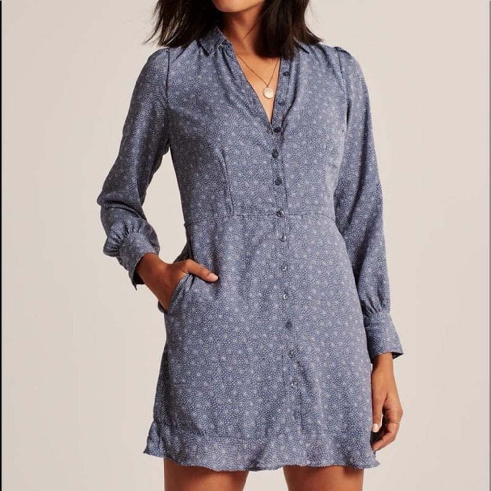 Abercrombie Ruffle Hem Shirt Dress Blue White Floral Print Women's Large